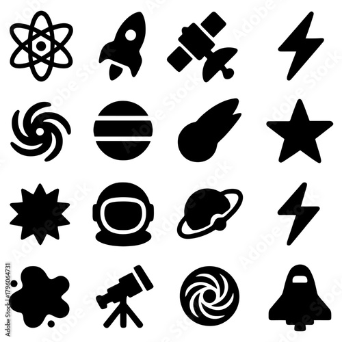 Celestial Icons: A collection of meticulously crafted, elegant black silhouette icons representing the wonders of space: atom, rocket, satellite, lightning bolt, spiral galaxy, comet, star, sun.
