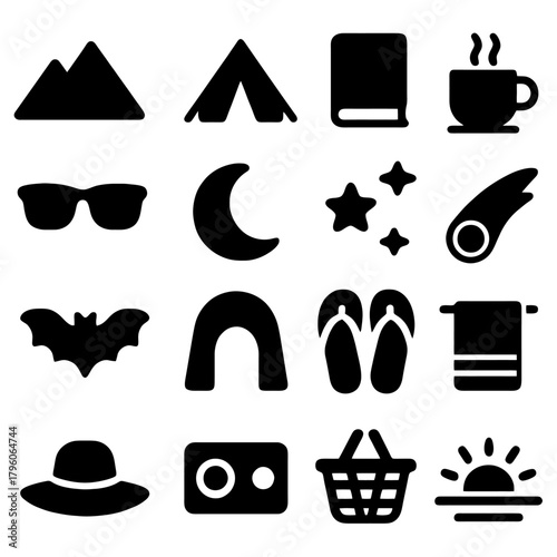 Camping Adventure Elements: A collection of simple and clean illustrations that tell a story, featuring the key ingredients of a memorable experience. 