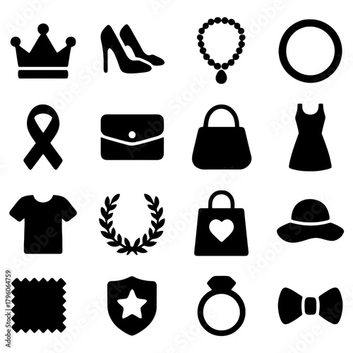 Elegant Accoutrements: An ensemble of stylish accessories arranged, featuring a regal crown, chic high heels, a delicate necklace, a refined bracelet, a symbol of awareness, a sophisticated clutch.