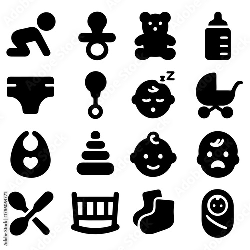 Baby Essentials: A collection of simple black-and-white icons of baby items, representing the essential elements of infancy, catering to the needs of the newborn