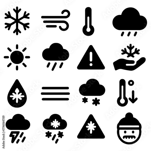 Weather Icons Set: A comprehensive collection of iconic symbols representing diverse weather conditions and elements. This graphic is perfect for projects related to meteorology, forecasting.