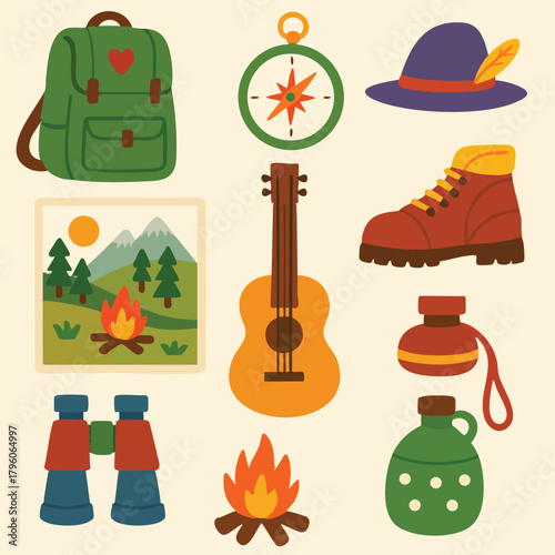 Camping Adventure BackPack Campfire Compass Hiking map outdoor tent trekking binoculars vacation nature journey wild camp flashlight survival print design vector