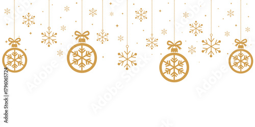 Elegant, minimalist holiday banner with a top border of hanging gold ornaments (with snowflake motif) and loose snowflakes. Suspended by dotted strings and bows against a clean white background. Perfe
