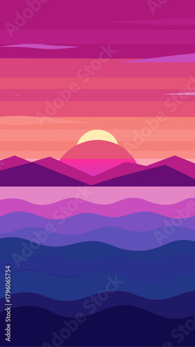 Sunset over mountains and wavy water in purple shades