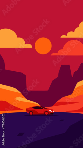 A car driving through the desert landscape at sunset time