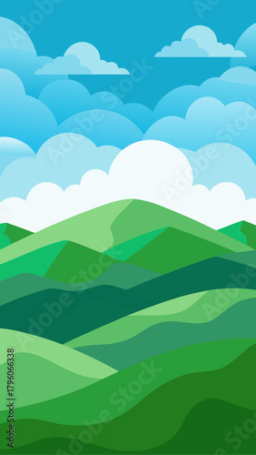 Illustration of green hills under a cloudy blue sky view