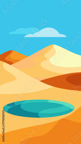 Illustration of desert with oasis and cloudy sky above