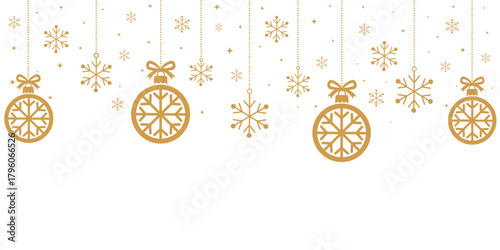 Elegant, minimalist holiday banner with a top border of hanging gold ornaments (with snowflake motif) and loose snowflakes. Suspended by dotted strings and bows against a clean white background. Perfe