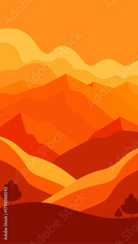 Illustration of orange mountain layers with trees below