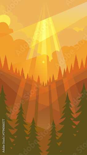 Sun rays over stylized trees and mountains landscape