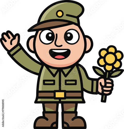 A friendly cartoon soldier in a green uniform and cap, holding a yellow flower and waving with his other hand.
