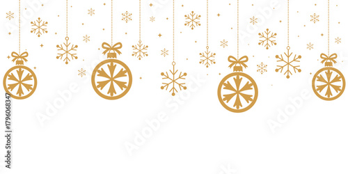 Elegant, minimalist holiday banner with a top border of hanging gold ornaments (with snowflake motif) and loose snowflakes. Suspended by dotted strings and bows against a clean white background. Perfe