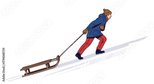 Man pulling sled uphill in winter on a white background  