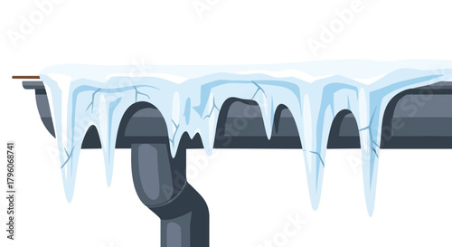 Ice buildup on gutter with icicles forming on a white background  