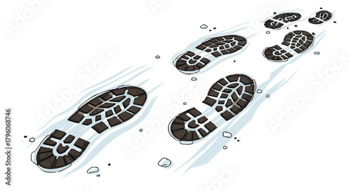 Boot prints in icy mud on a bright white background  