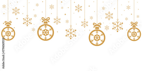 Elegant, minimalist holiday banner with a top border of hanging gold ornaments (with snowflake motif) and loose snowflakes. Suspended by dotted strings and bows against a clean white background. Perfe