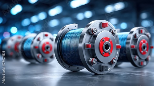 Copper Wire Spools Illuminated in Modern Factory Setting