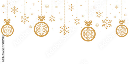 Elegant, minimalist holiday banner with a top border of hanging gold ornaments (with snowflake motif) and loose snowflakes. Suspended by dotted strings and bows against a clean white background. Perfe