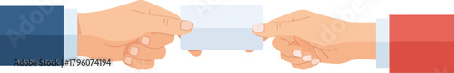 Business Transaction Illustration Showing Handing Over a White Card Between Two Hands with Blue and Red Suits on Transparent Background