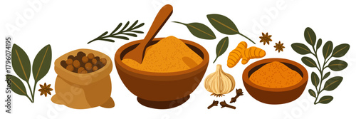 Assortment of aromatic spices and fragrant herbs. Vector collection