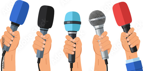 Illustration of five hands gripping different colored microphones arranged in a row on a transparent background