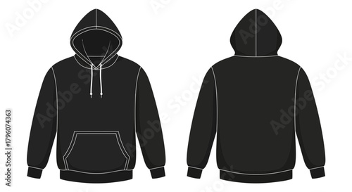 Minimalist Illustration of a Scratched Dark Gray Hoodie with Front Pocket and Drawstrings Depicting Casual Clothing in a Transparent Background