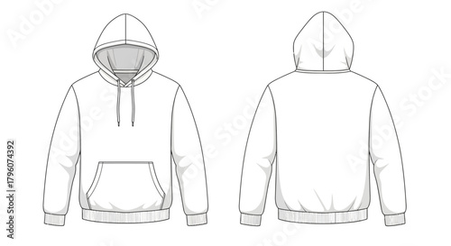 Minimalist Hoodie Design Illustration Showcasing Front and Back Views on a Black Background with Transparent Elements for Apparel Mockups