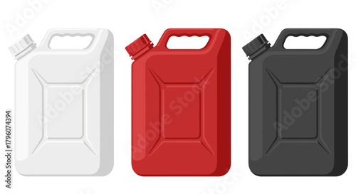 Minimalist illustration of three jerrycans with different colors on transparent background emphasizing color variation and simple design elements