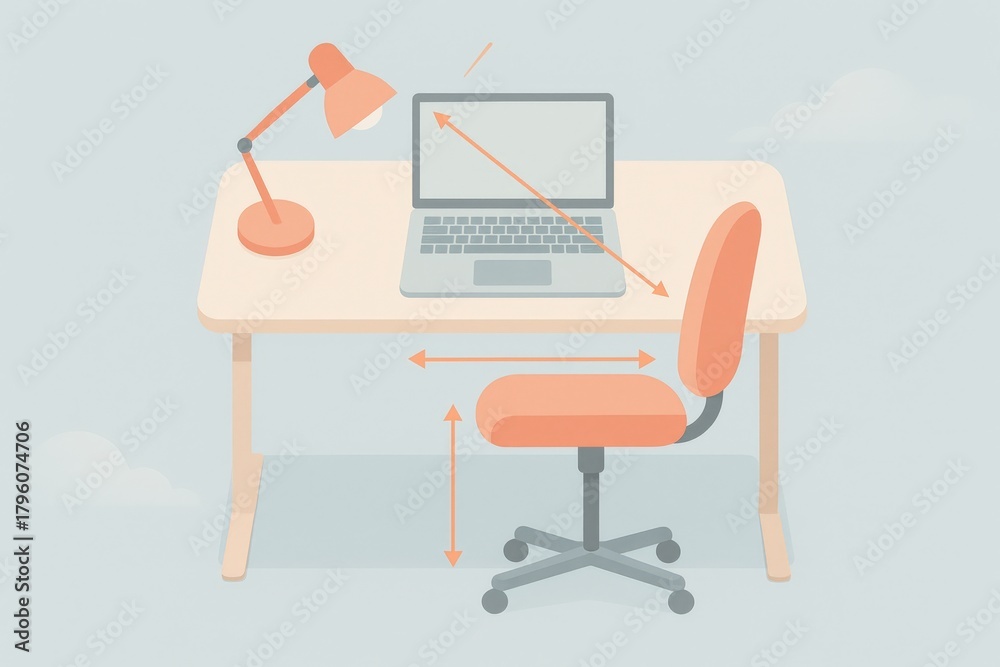 Fototapeta premium Contemporary workspace ambiance featuring adjustable chair alongside laptop and desk highlighting ergonomic design principles fostering productivity in modern work environments