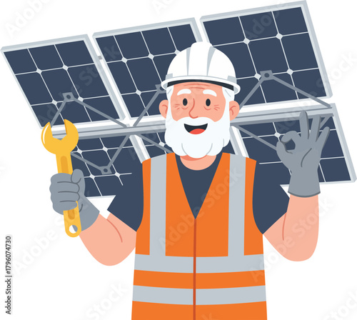 Happy male technician in a safety helmet and reflective vest fixing solar panels outdoors with tools on a bright day