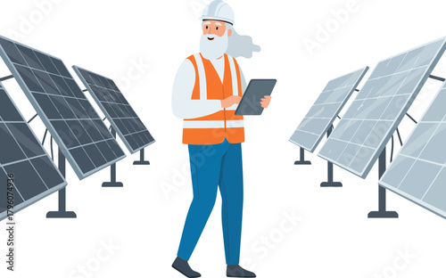solar power technician inspecting photovoltaic panels with digital device on a clear day