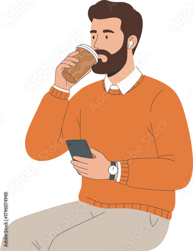 Stylish man enjoying coffee while using smartphone with transparent background and modern digital lifestyle theme