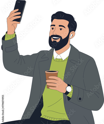 smiling man taking selfie with smartphone while holding a coffee cup on transparent background lively cheerful modern technology casual attire