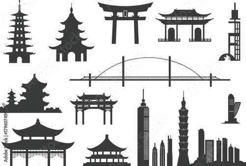 Asian architecture silhouettes, pagoda, temple, torii gate, city skyline, modern buildings, bridge, cultural heritage, vector illustration, traditional and urban design