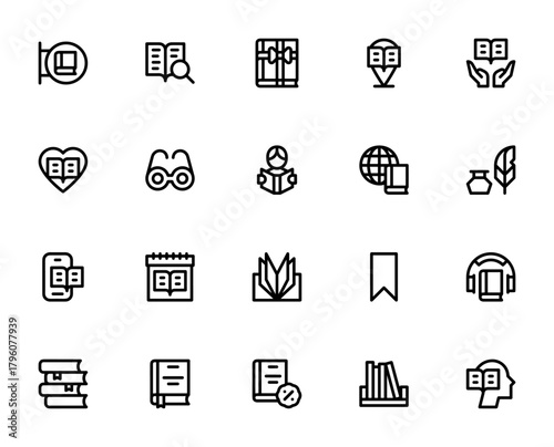 World Book Day icon set. Vector illustration pack feturing bookshop, library, eader, bookmark, audiobook bookshelf, gift, glasses nd more.