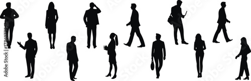 Business people silhouettes standing and walking, corporate communication concept, teamwork illustration, professional office workers group, 