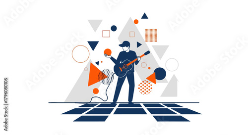 Abstract Illustration of a Guitarist Surrounded by Geometric Shapes on a Tiled Floor