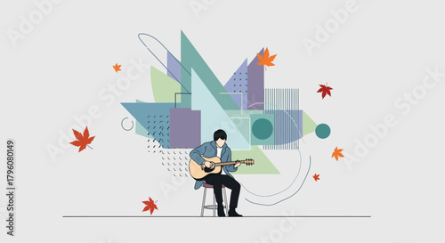 A man sits on a stool playing an acoustic guitar, surrounded by abstract geometric shapes and falling autumn leaves, conveying a sense of artistic creation and serene outdoor ambiance