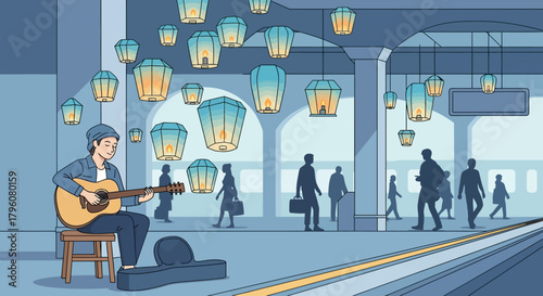 Guitarist Serenades Commuters Amidst Lanterns in a Train Station