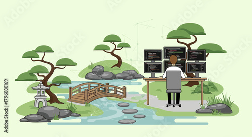 Serene Coding Sanctuary A Coder Finds Peace and Productivity in a Tranquil Japanese Garden Oasis