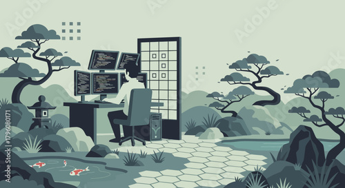 A software developer codes diligently at a desk amidst the serene beauty of a traditional Japanese garden, blending modern technology with tranquil nature for focused productivity