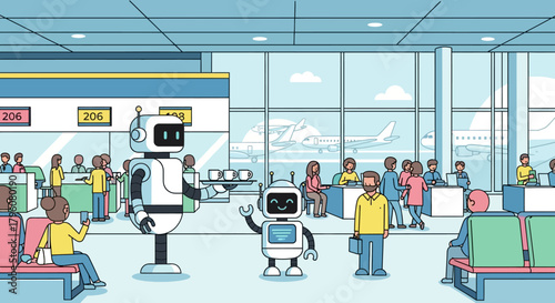 Robots Serving Passengers in Modern Airport Terminal with Flying Airplane in Background