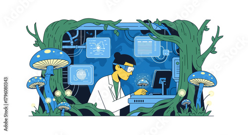 Innovative Biologist Deciphering Scientific Data on Digital Screens within a Vibrant, Nature-Inspired Laboratory Setting, Surrounded by Enigmatic Fungi and Lush Greenery