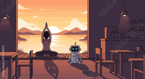 Serene Yoga and Robotic Companion Embrace Tranquility A Peaceful Moment Overlooking the Lake