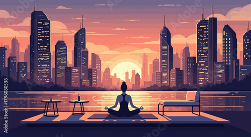 Serene Yoga Session Overlooking the Cityscape at Sunset Achieving Tranquility and Mindfulness