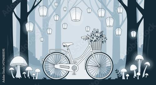 Dreamy nocturnal forest illustration featuring a charming vintage bicycle laden with flowers, illuminated by ethereal sky lanterns and whimsical glowing mushrooms