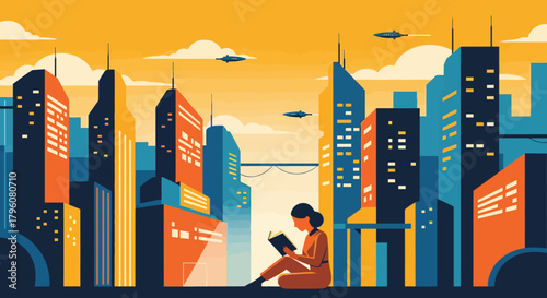 A peaceful scene of a woman reading a book in a vibrant, stylized city at sunset, symbolizing quiet contemplation and the pursuit of knowledge in a modern urban landscape