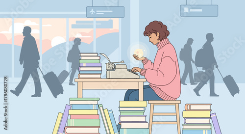Bookish Writer's Retreat Crafting Stories at the Airport Amidst Literary Stack