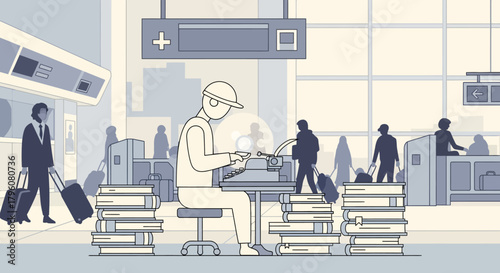 Busy airport scene with traveler, paperwork, and stacks of documents creating a dynamic illustration