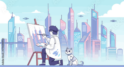 An artist paints a futuristic city skyline with a cat companion observing the creative process